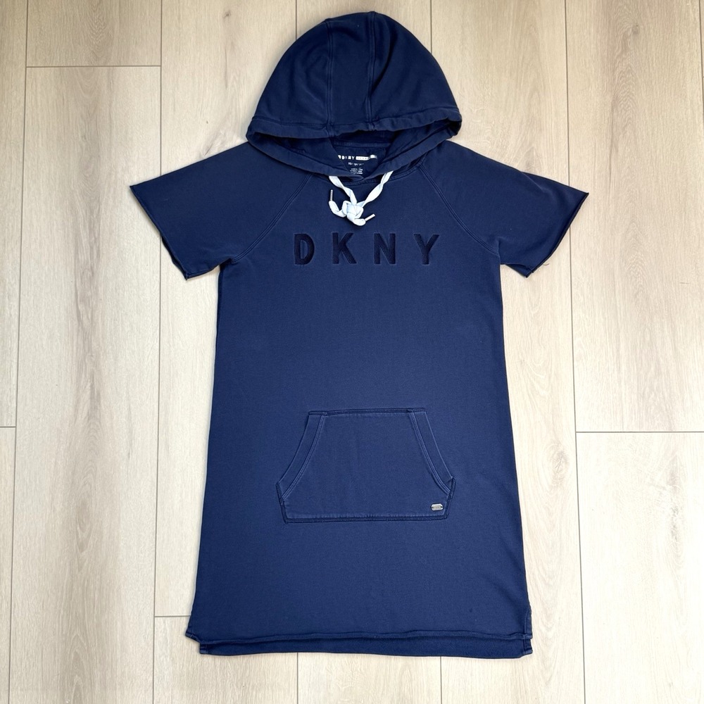 DKNY Sport Hoodie Dress Women's XS Navy Blue Short Sleeve Logo Pocket Athleisure